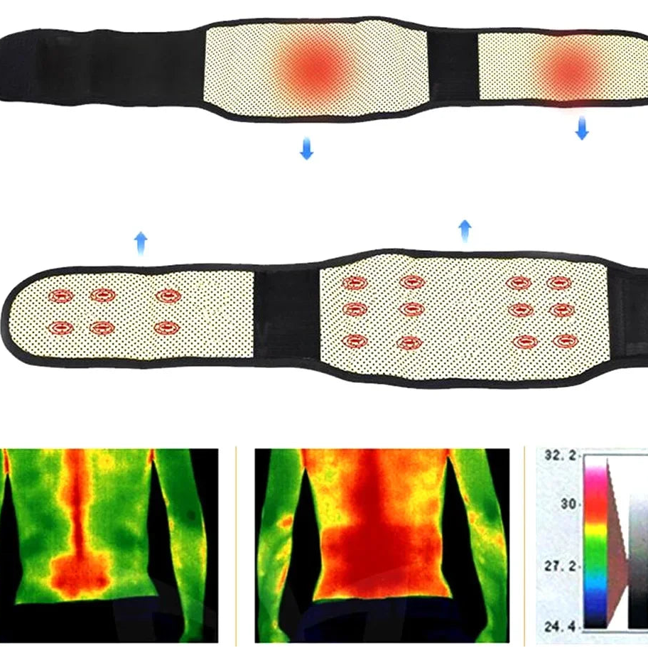 Back pain relief belt with thermal imaging showing heat distribution.