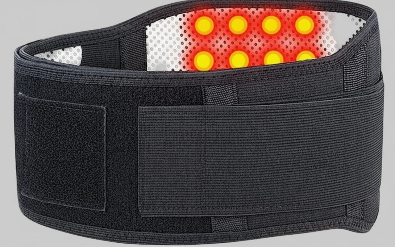 Back support belt with flame design and Tcare branding on a white background